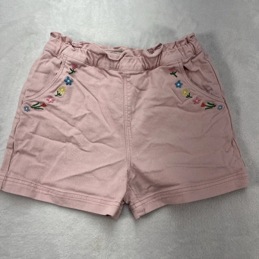 Mini Boden Denim Embroidered Shorts Girls 10Y Pull On Elastic Pink Pockets